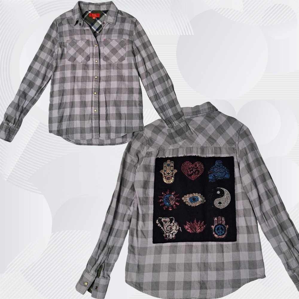 Butter Super Soft Flannel Shirt Kids Large Grey Plaid Rhinestone Spiritual Patch